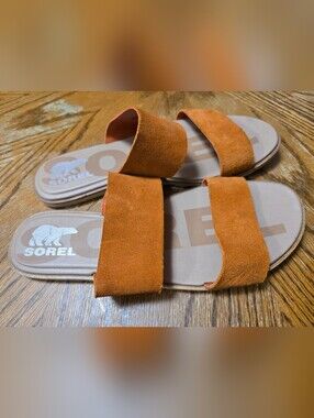 Sorel Double-Strap Suede Slide Sandals in Rust Orange